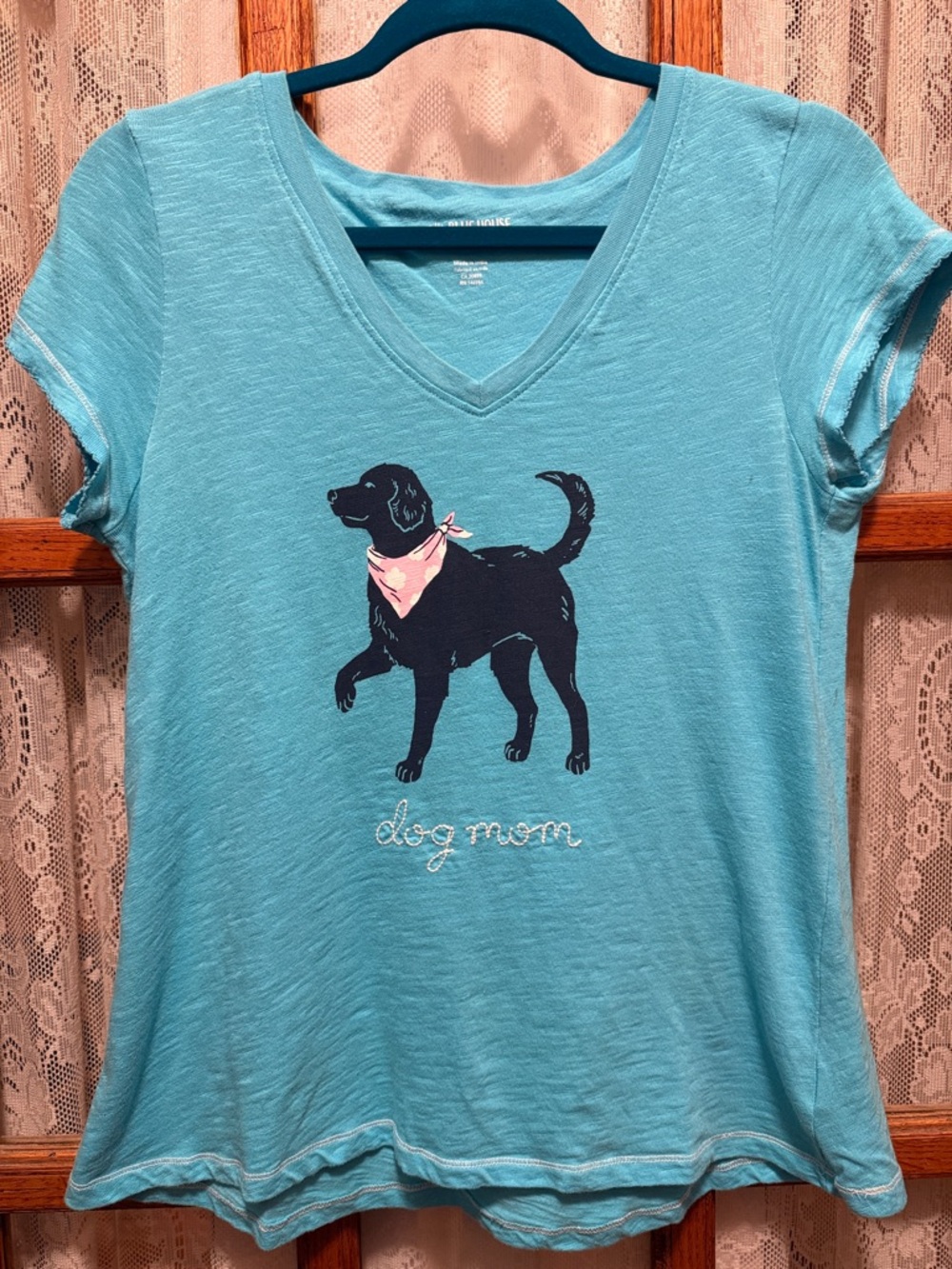 Women’s Light Blue V-Neck 'Dog Mom' Short Sleeve Tee